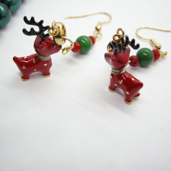 Handcrafted Glass Bead Christmas Necklace with Reindeer Earrings Set - Picture 7 of 12
